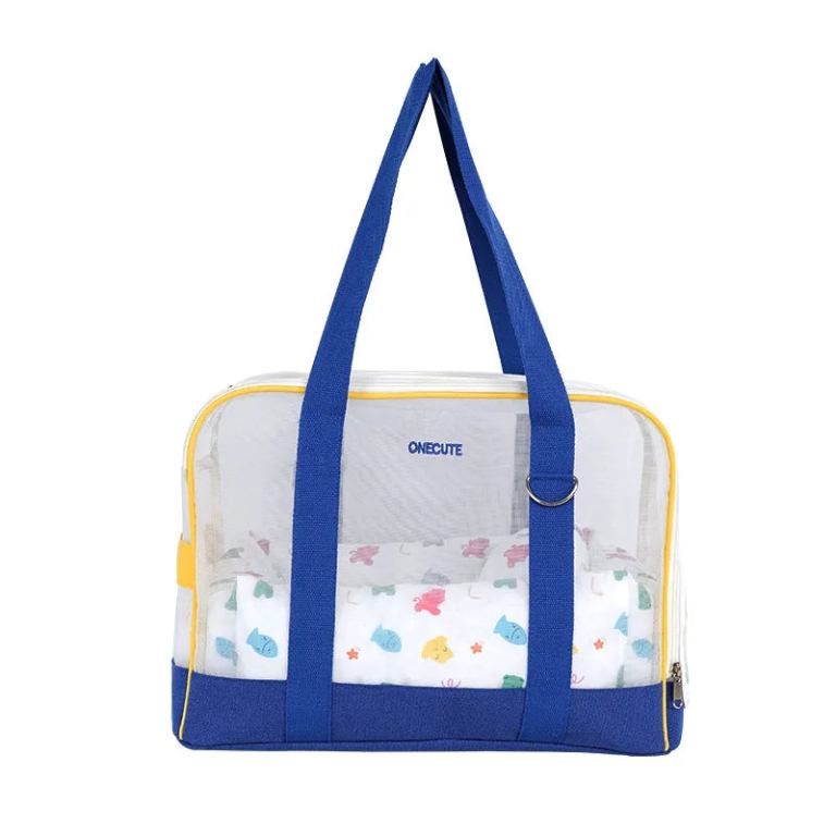 Transparent tote bag with blue handles and trim