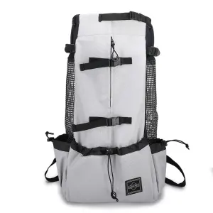 Light grey hiking backpack with black straps