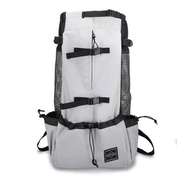 Light grey hiking backpack with black straps