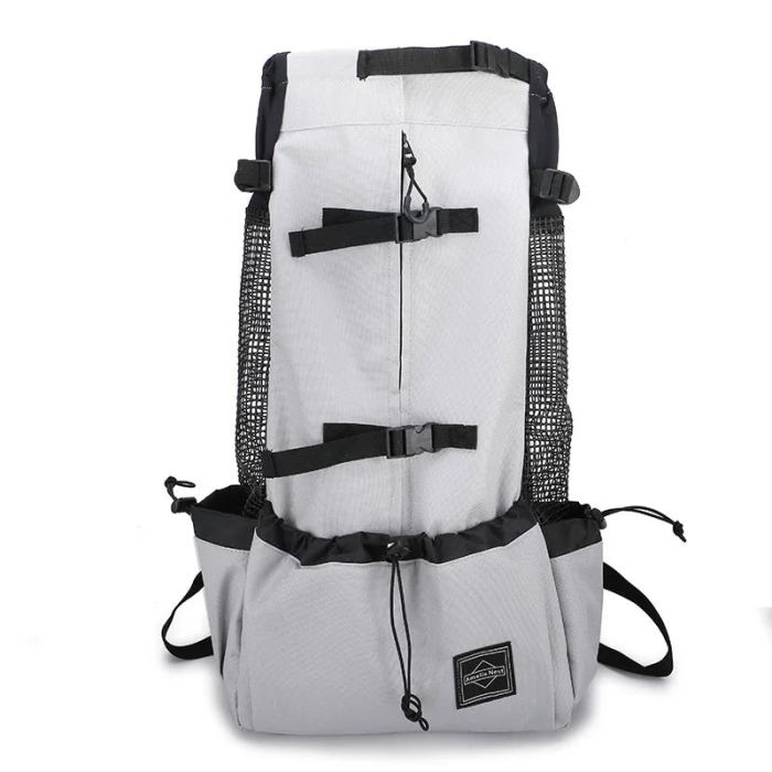 Light grey hiking backpack with black straps