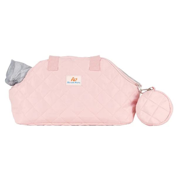 Pink quilted pet carrier bag with pouch