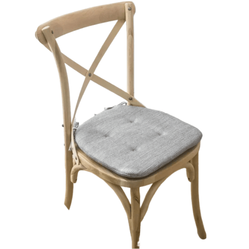 Wooden cross-back chair with grey cushion