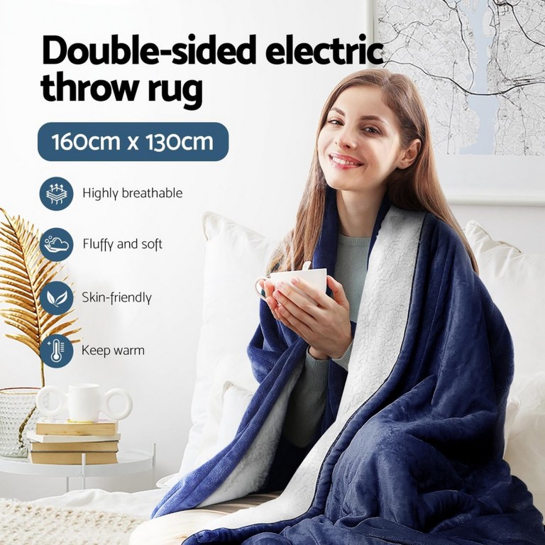 giselle electric throw rug heated blanket washable snuggle flannel winter navy
