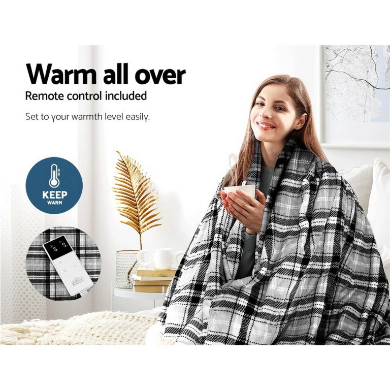 giselle bedding electric throw rug flannel snuggle blanket washable heated grey and white checkered