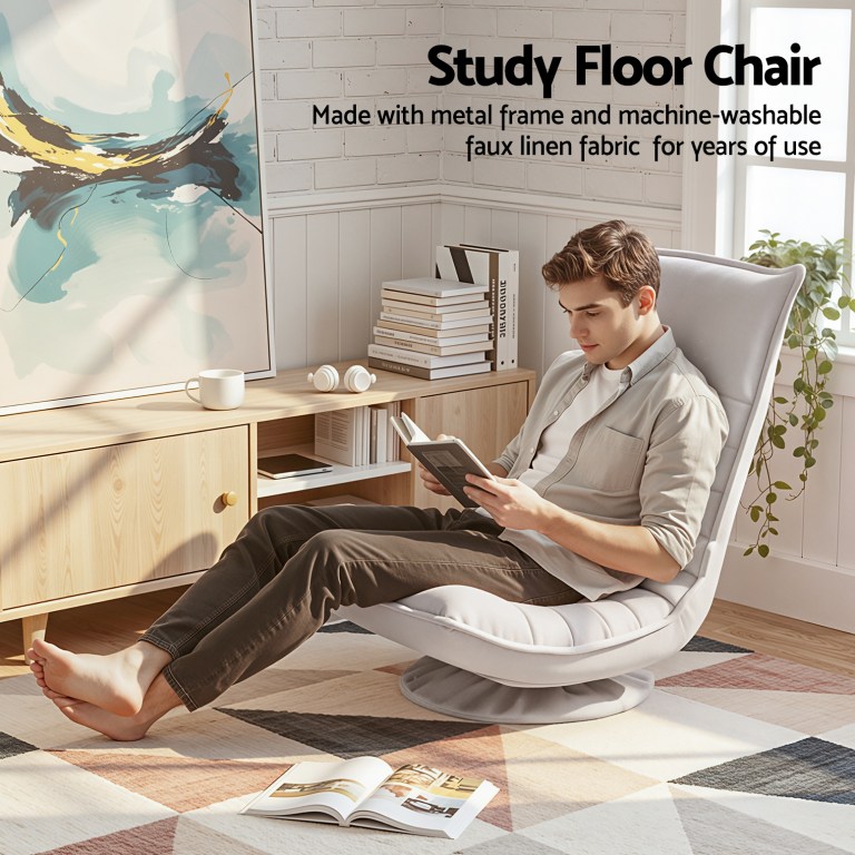 artiss swivel floor chair 5 adjustable foldable lounge seat floor sofa chair grey Young man reading on padded study floor chair