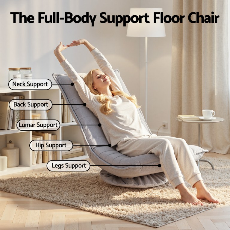 artiss swivel floor chair 5 adjustable foldable lounge seat floor sofa chair grey Woman relaxing in full-body support floor chair
