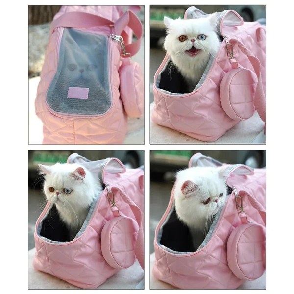 White cat sitting in pink pet carrier bag