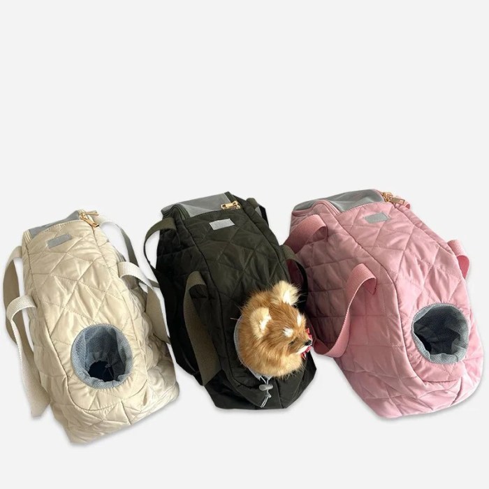 Three quilted pet carrier backpacks with small dog