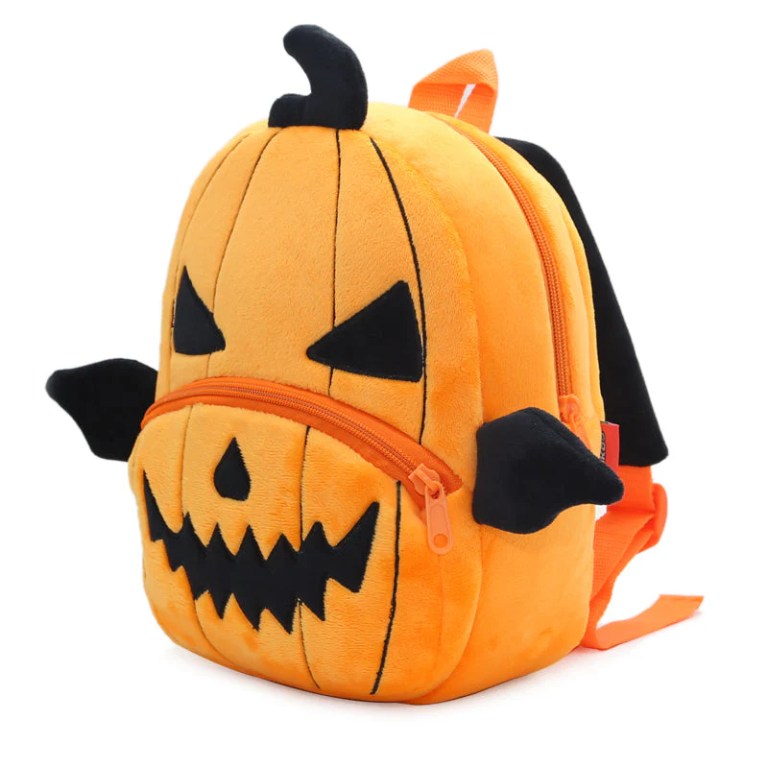 Plush pumpkin Halloween backpack with spooky face