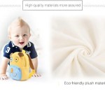Baby with yellow dog backpack, plush material detail