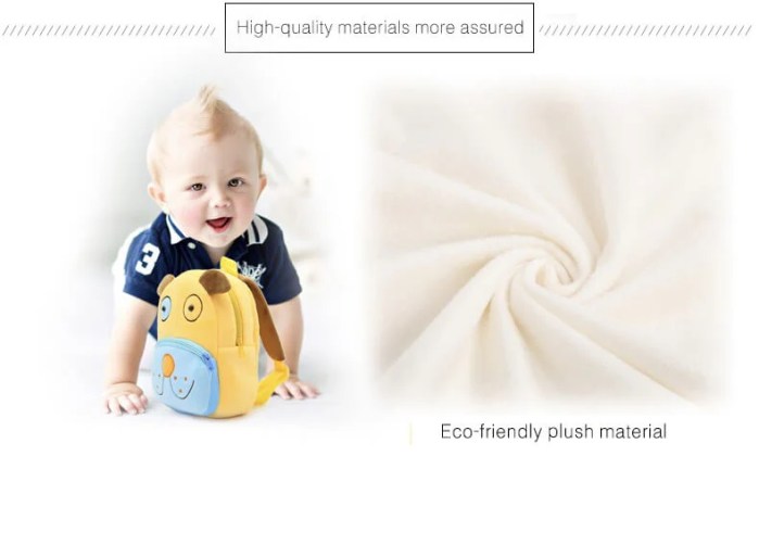 Baby with yellow dog backpack, plush material detail