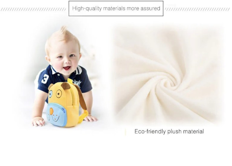 Baby with yellow dog backpack, plush material detail