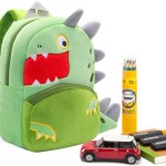 Green dinosaur kids backpack with school supplies