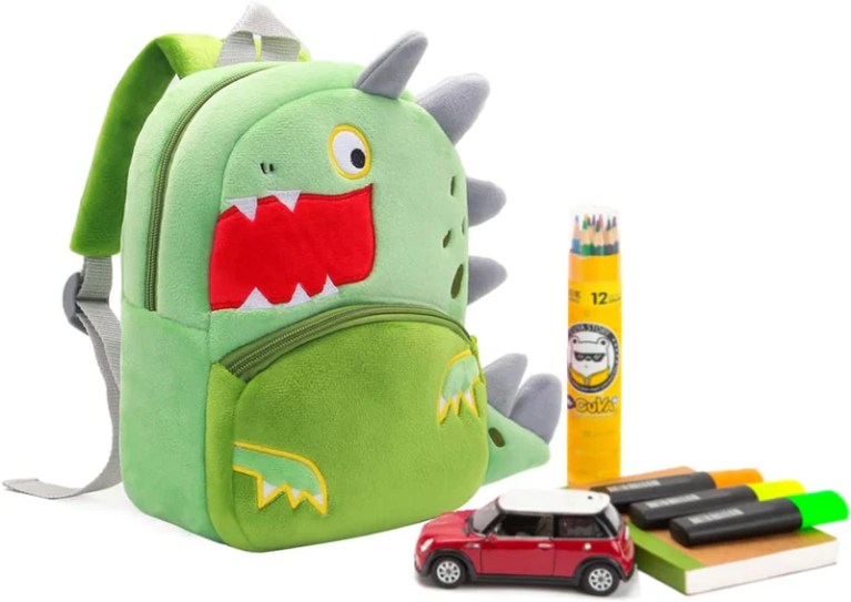 Green dinosaur kids backpack with school supplies