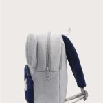 Grey plush children’s backpack with blue straps