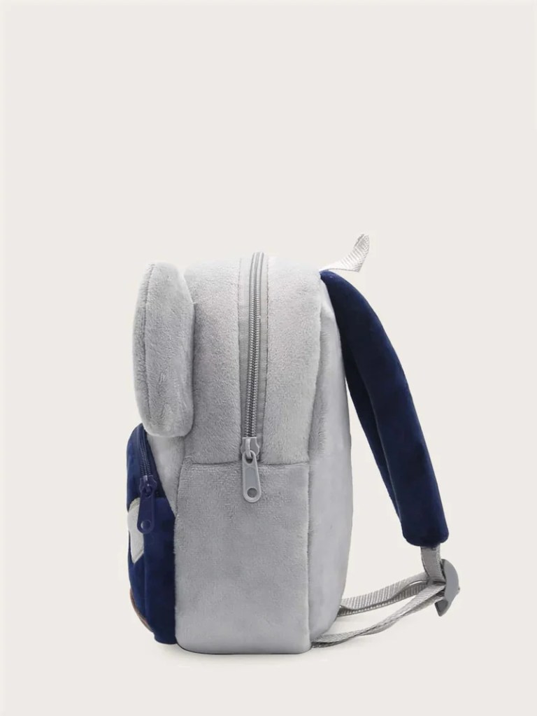 Grey plush children’s backpack with blue straps