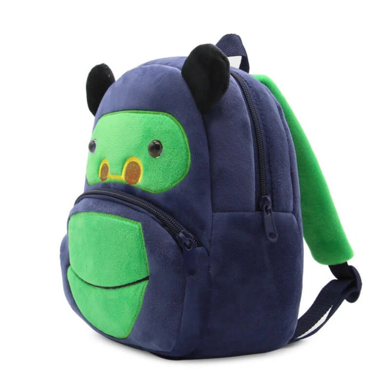 Plush gorilla-themed kids backpack in navy and green