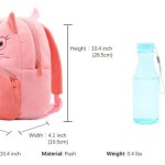 Pink plush cat backpack with size comparison