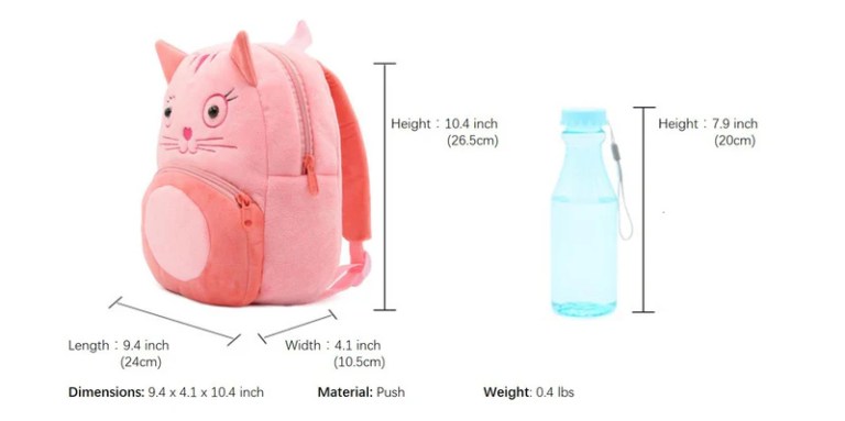 Pink plush cat backpack with size comparison