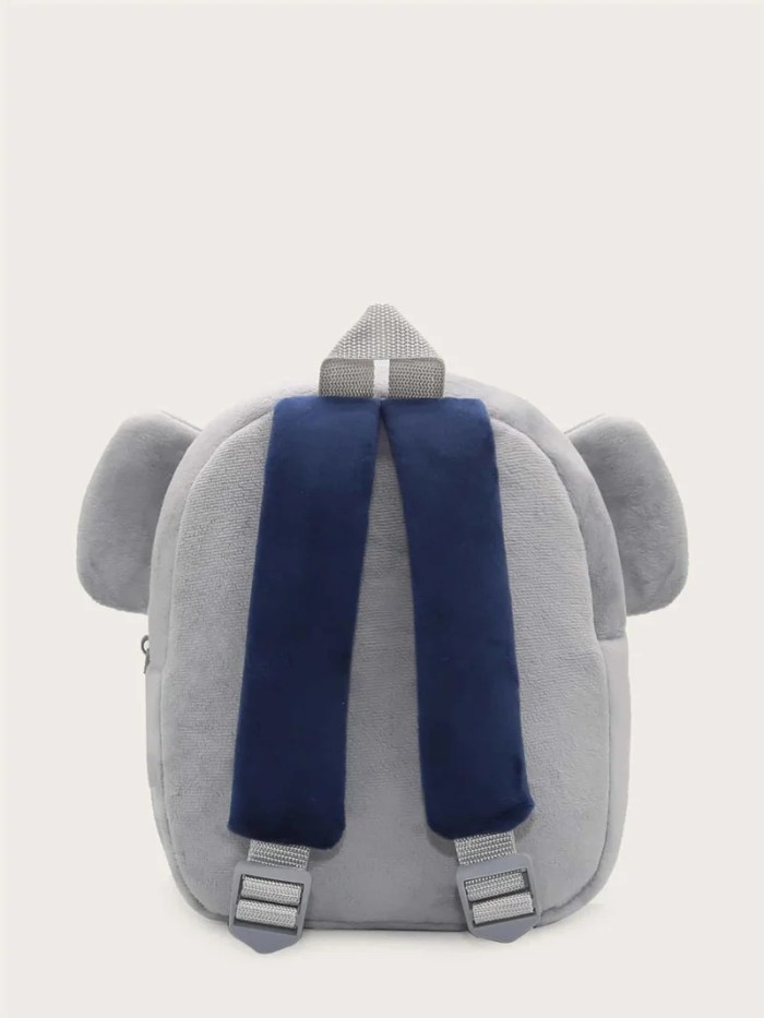 Grey plush children’s backpack with blue straps