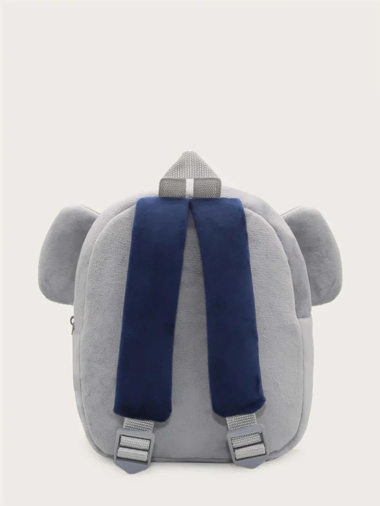 Grey plush children’s backpack with blue straps