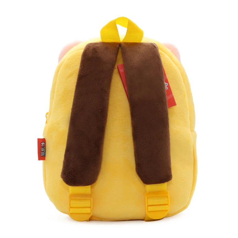 Yellow plush backpack with brown padded straps