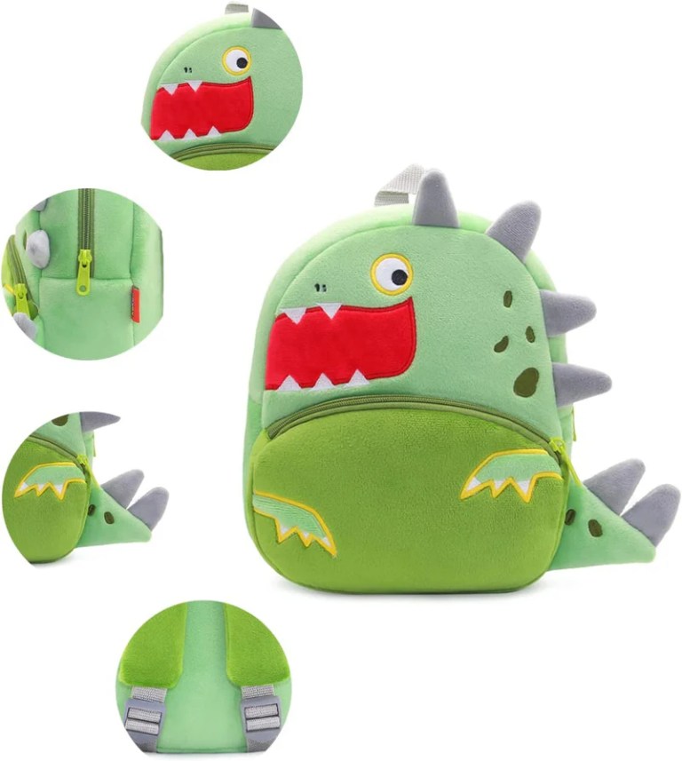 Green dinosaur kids backpack with spikes and tail