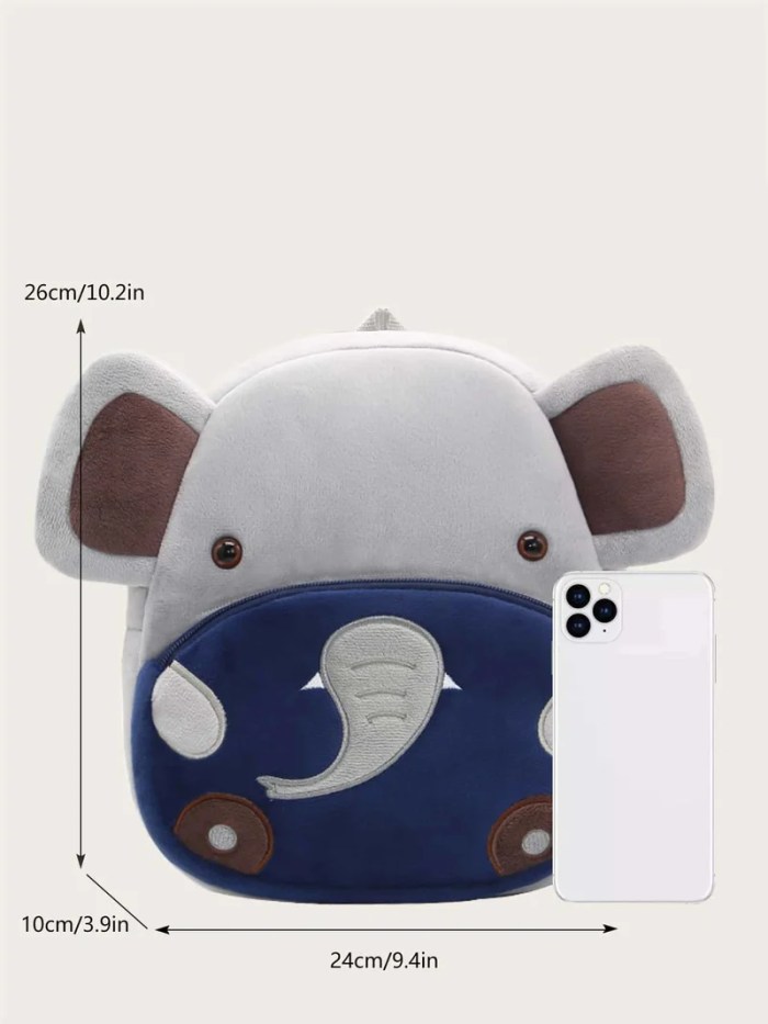 Plush elephant backpack with size dimensions shown