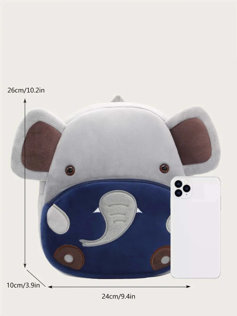 Plush elephant backpack with size dimensions shown