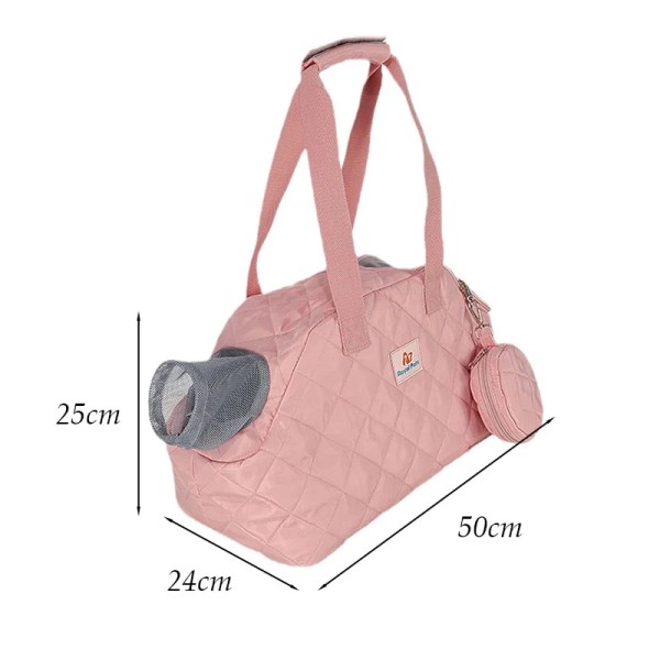 Pink quilted pet carrier bag with mesh window
