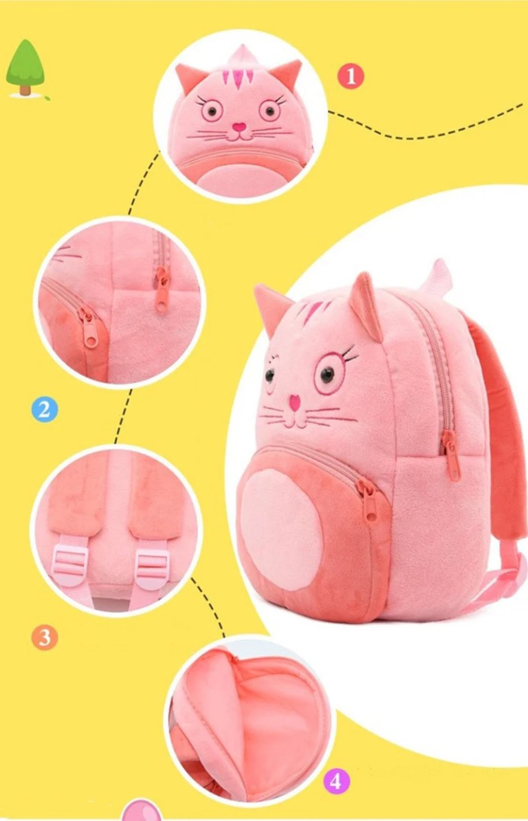 Pink plush cat backpack with zipper details
