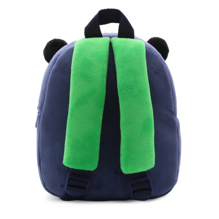 Plush navy kids backpack with green straps
