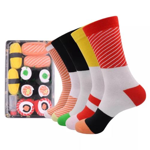 Colourful sushi-themed novelty socks beside sushi set