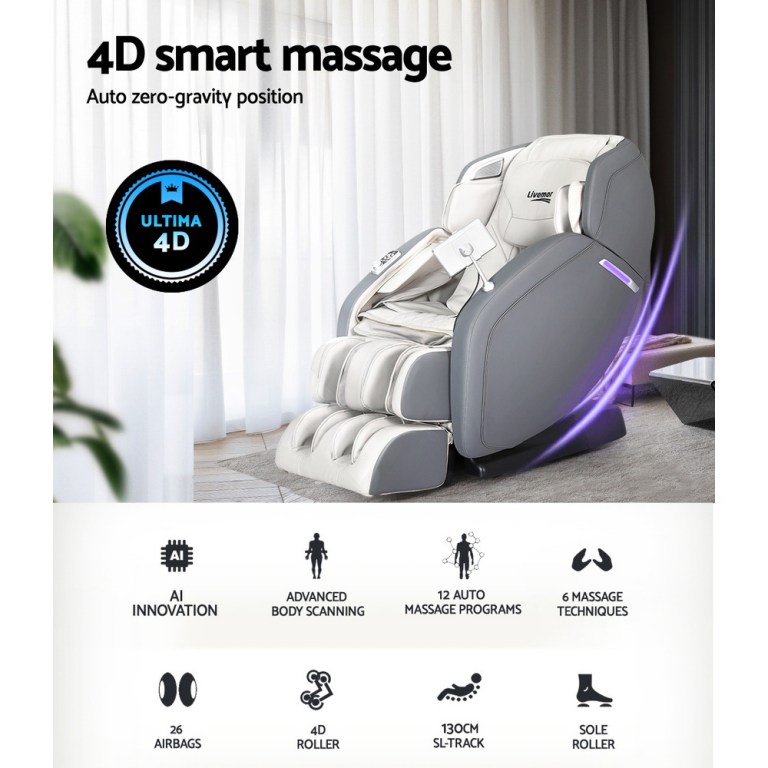 livemor 4d massage chair recliner full body sl track zero gravity with ai body scan, deep tissue electric massager with heat, 12 auto programs, lcd touchscreen & bluetooth, grey
