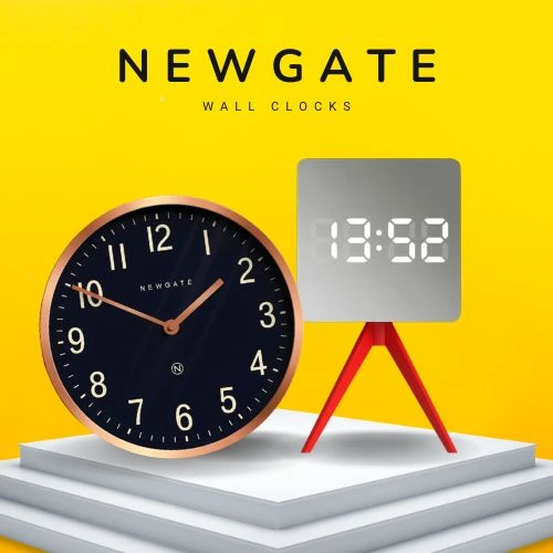Newgate analogue and digital clocks on yellow background