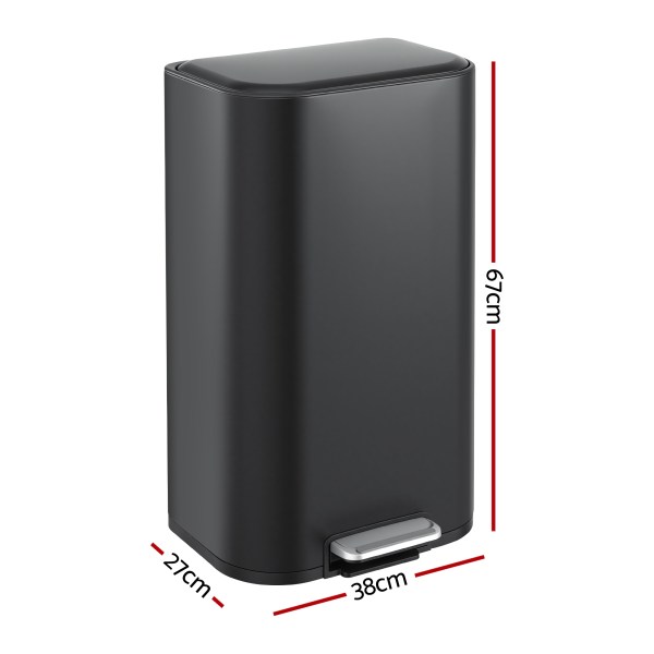 cefito kitchen trash can 40l pedal bins rubbish bin steel with soft close lid, removable inner bucket, rectangular garbage can recycling bin, black