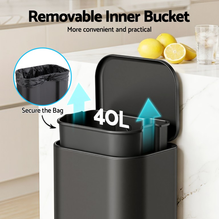 cefito kitchen trash can 40l pedal bins rubbish bin steel with soft close lid, removable inner bucket, rectangular garbage can recycling bin, black cefito kitchen trash can 40l pedal bins rubbish bin steel with soft close lid, removable inner bucket, rectangular garbage can recycling bin, black