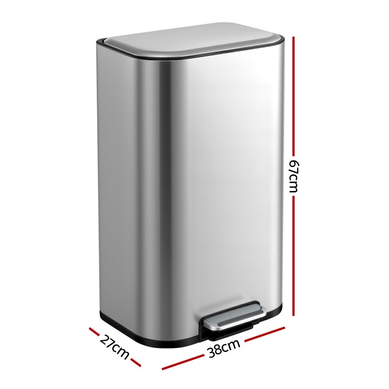 cefito kitchen trash can 40l pedal bins rubbish bin steel with soft close lid, removable inner bucket, rectangular garbage can recycling bin, silver