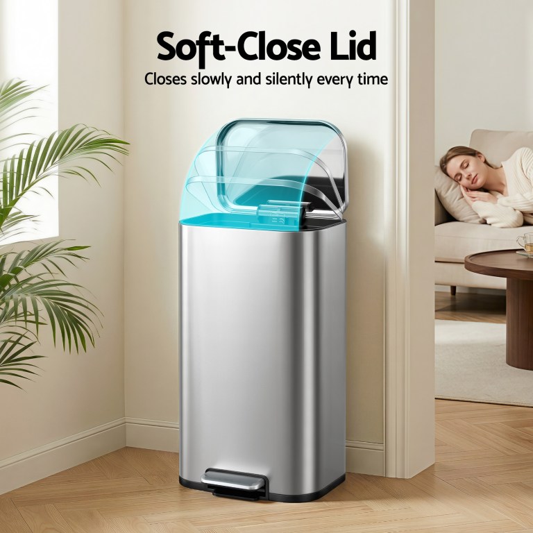 cefito kitchen trash can 40l pedal bins rubbish bin steel with soft close lid, removable inner bucket, rectangular garbage can recycling bin, silver