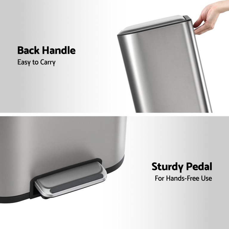 cefito kitchen trash can 40l pedal bins rubbish bin steel with soft close lid, removable inner bucket, rectangular garbage can recycling bin, silver