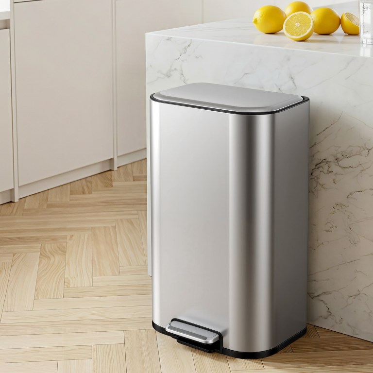 cefito kitchen trash can 40l pedal bins rubbish bin steel with soft close lid, removable inner bucket, rectangular garbage can recycling bin, silver
