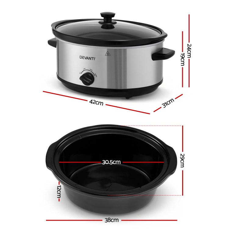 devanti 6.5l slow cooker electric multi cooker with 3 heat settings and keep warm function
