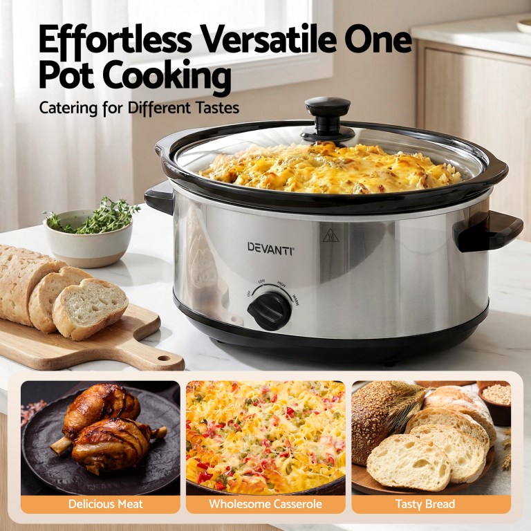 devanti 6.5l slow cooker electric multi cooker with 3 heat settings and keep warm function