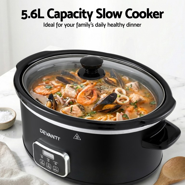 devanti 5.6l slow cooker electric multi cooker with 3 heat settings and keep warm function