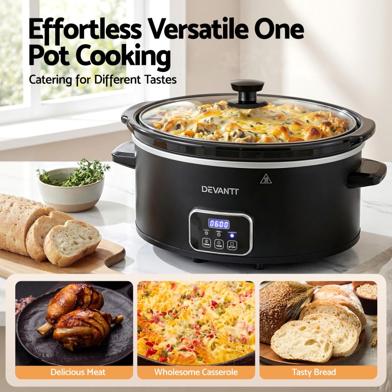devanti 5.6l slow cooker electric multi cooker with 3 heat settings and keep warm function