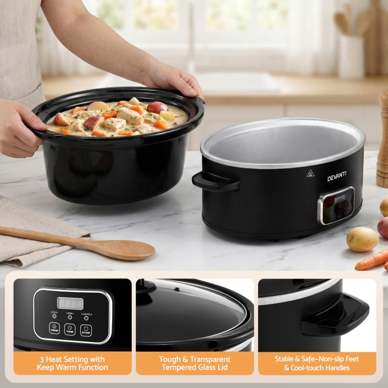 devanti 5.6l slow cooker electric multi cooker with 3 heat settings and keep warm function