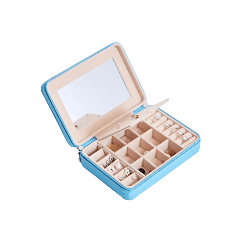 Blue jewellery box with mirror and rings