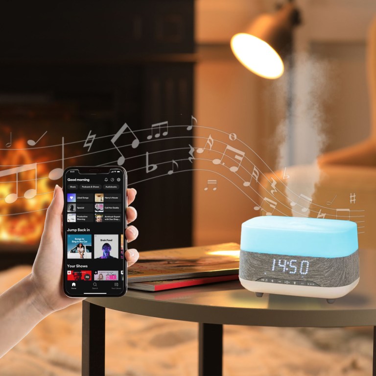 laser ambient diffuser clock radio with bluetooth speaker & light