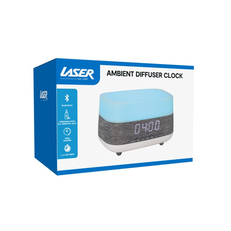 laser ambient diffuser clock radio with bluetooth speaker & light