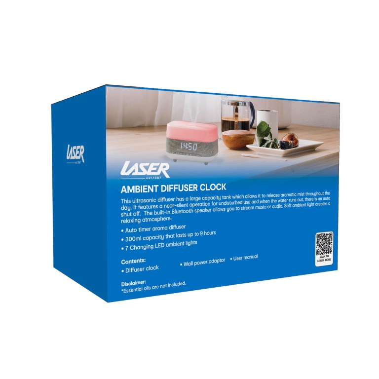 laser ambient diffuser clock radio with bluetooth speaker & light